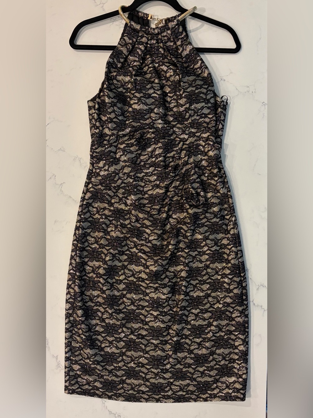 Eliza J Black Lace Over Gold Metallic Sheath Dress
